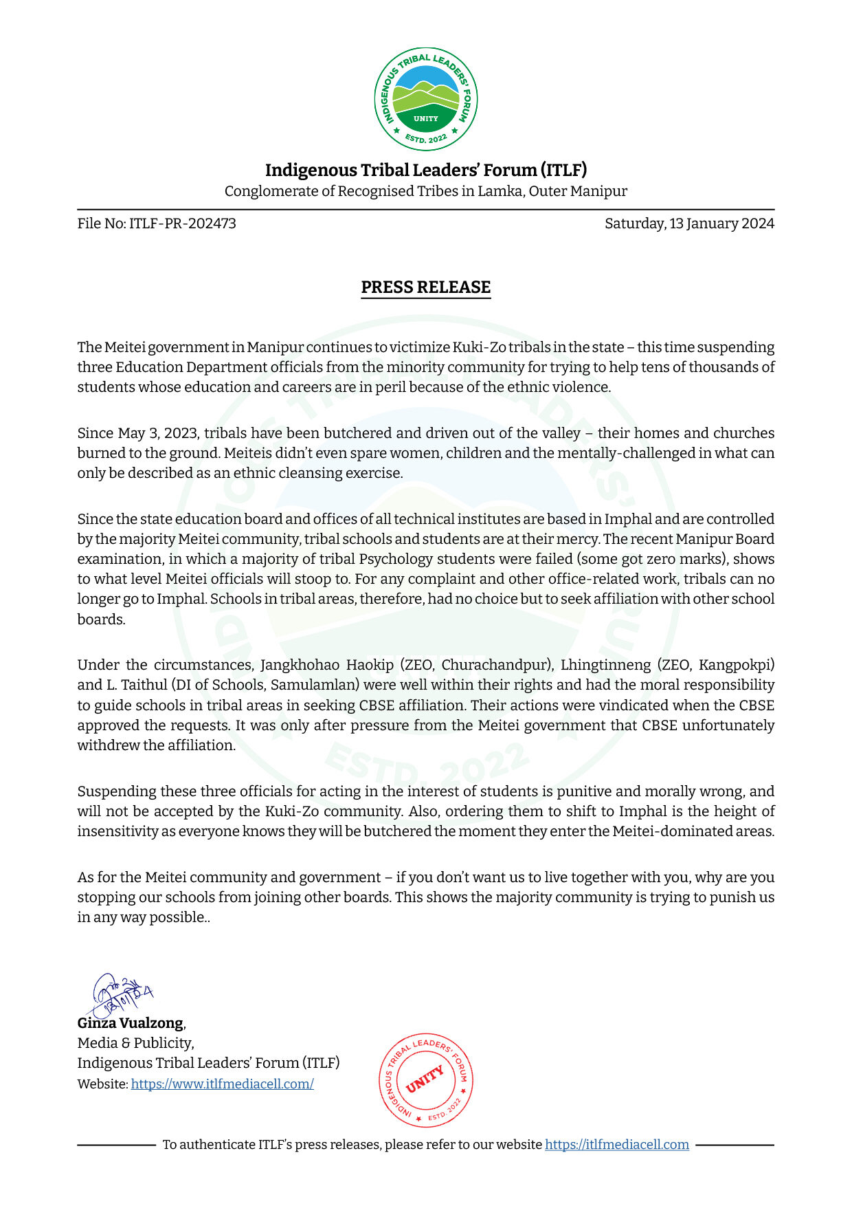 Press Release 13 January 2024 ITLF   ITLF Press Release 13 January 2024  